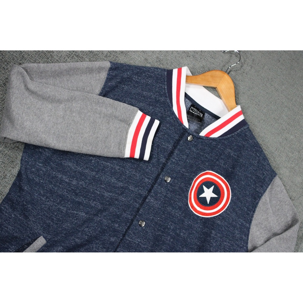 Marvel Captain America Varsity Jacket Mens XL Navy Grey Snap Front Shield Logo